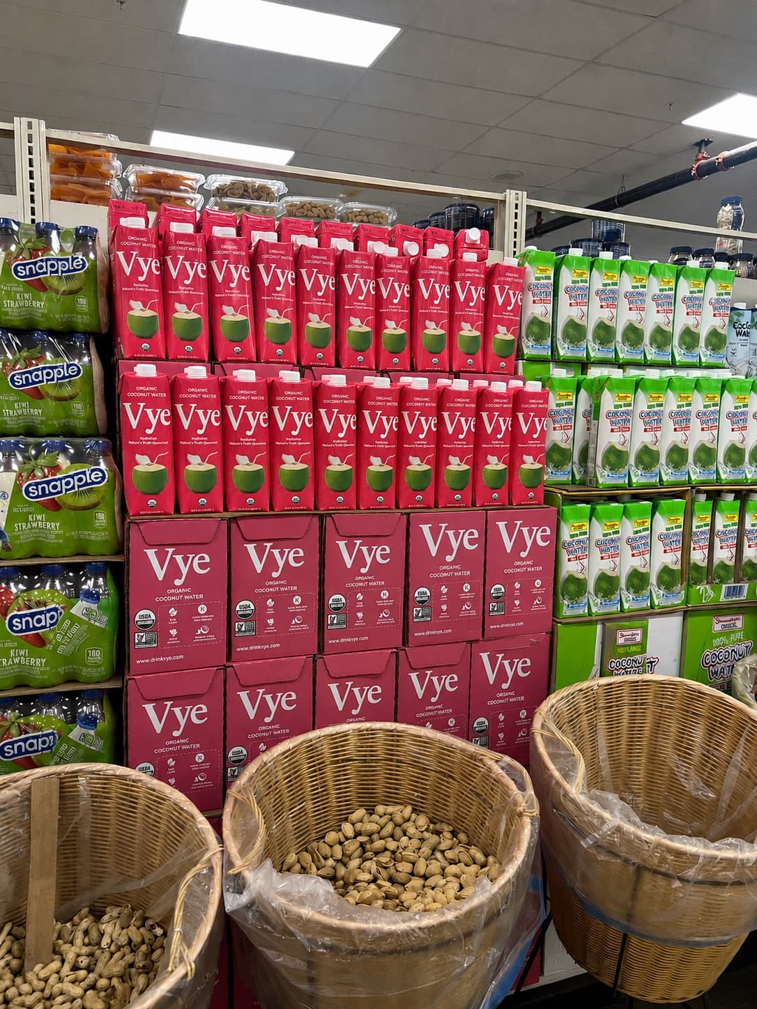 Vye coconut water cartons stocked in a New York grocery store